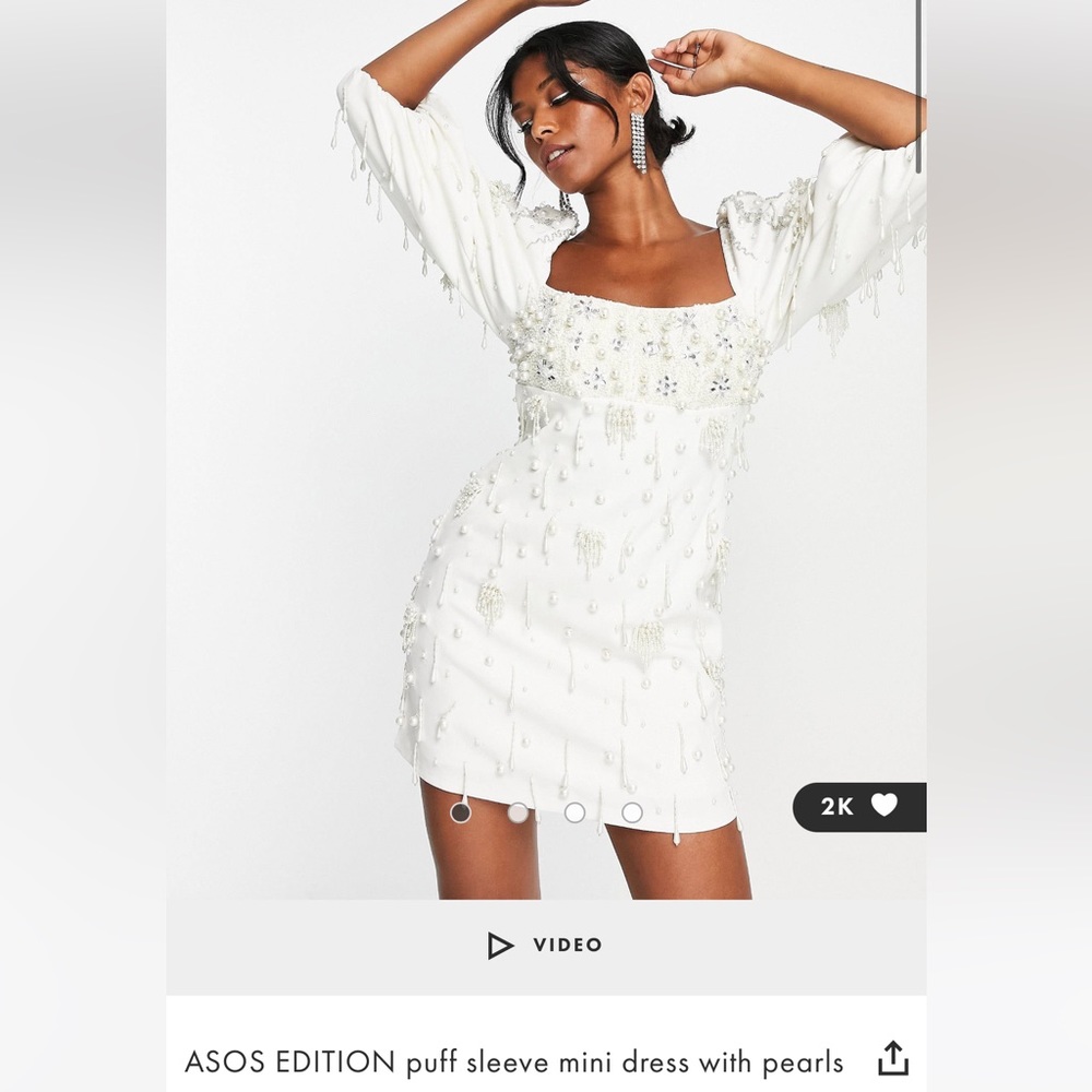 White beaded puff sleeve square neck mini dress bridal ASOS